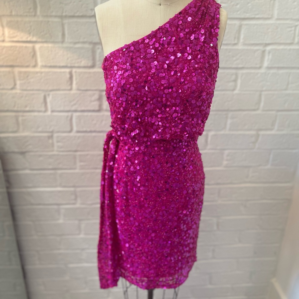 Aidan Mattox Hot Pink One Shoulder Sequin Dress | Size 4